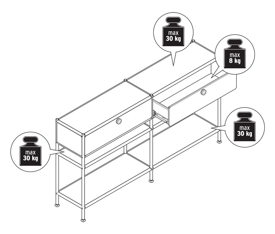 Schematyczny widok z góry dwóch białych metalowych konsol „CN3 Slim Line” z dwiema szufladami każda, z których jedna jest otwarta. Podana jest maksymalna ładowność konsol i szuflad.