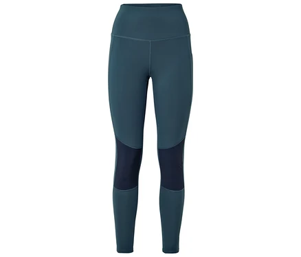 Ciemnoniebieskie legginsy z ciemniejszymi wstawkami na kolanach.