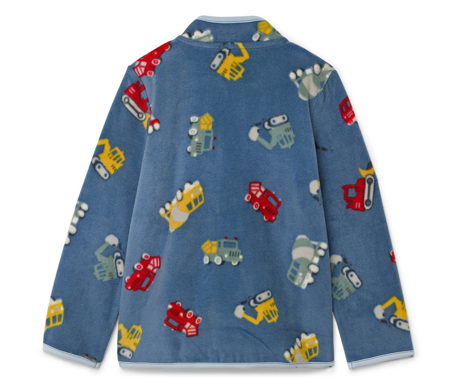 Niebieska bluza polarowa w różne kolorowe pojazdy.