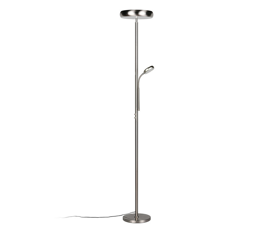 Szczotkowana metalowa lampa stojąca LED Reality „Palermo” z głównym światłem skierowanym w górę i elastycznym ramieniem z mniejszą lampką do czytania LED.