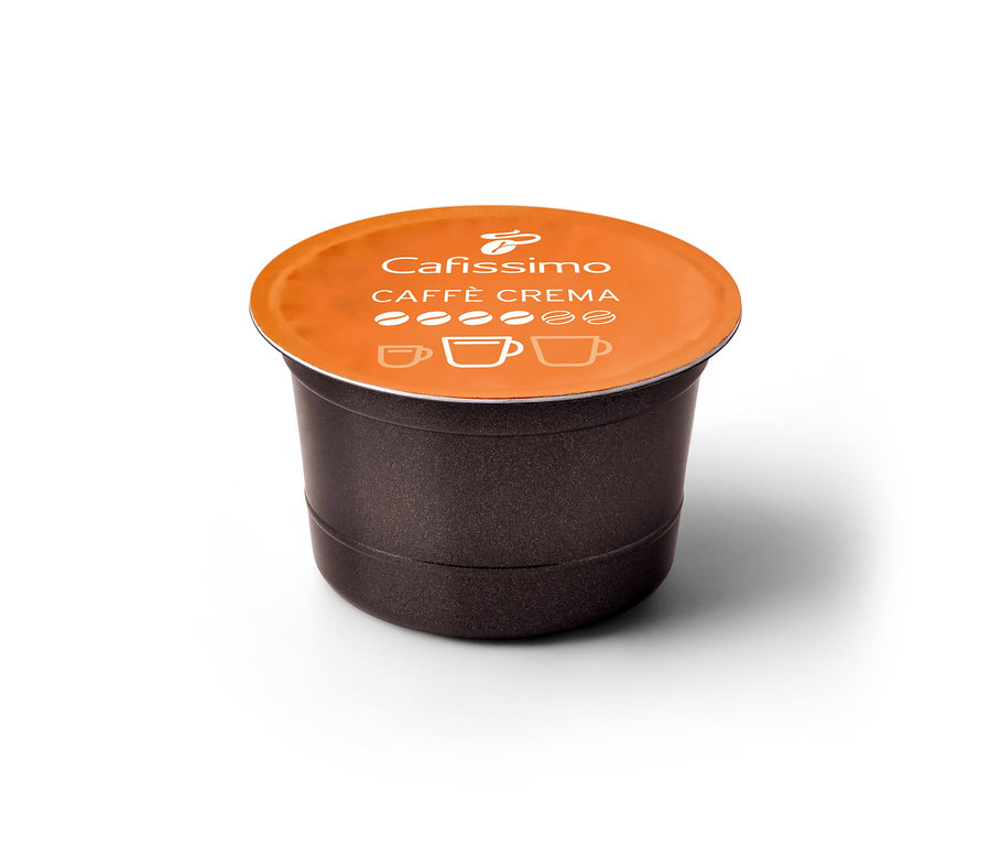 Ciemnobrązowa kapsułka Tchibo Cafissimo Caffe Crema Rich Aroma z pomarańczowym wieczkiem, z ziarnami kawy i symbolami filiżanek.