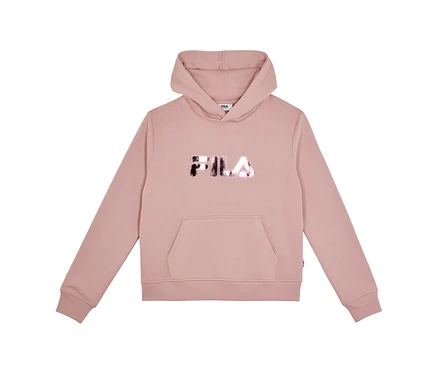 Różowa bluza z kapturem z długimi rękawami, błyszczącym logo FILA na piersi i kieszenią kangurką.