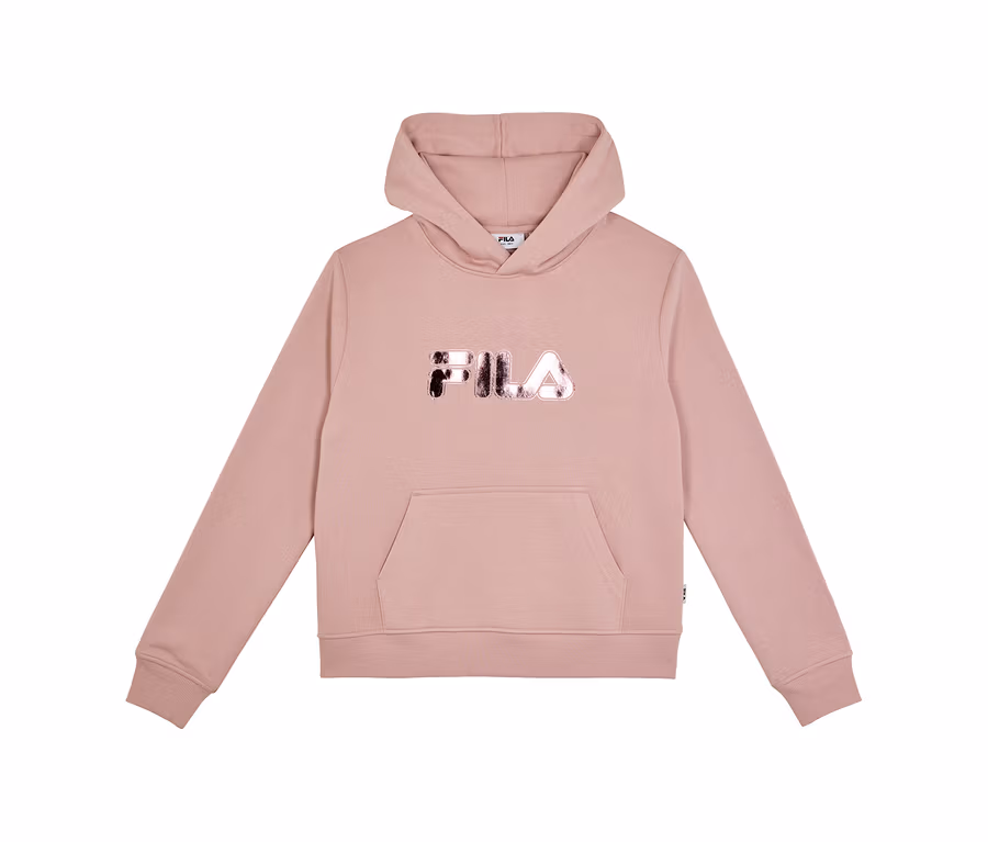 Różowa bluza z kapturem z długimi rękawami, błyszczącym logo FILA na piersi i kieszenią kangurką.