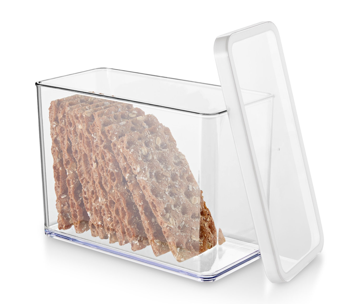 Chrupkie pieczywo w przezroczystym pojemniku do przechowywania z pokrywką.