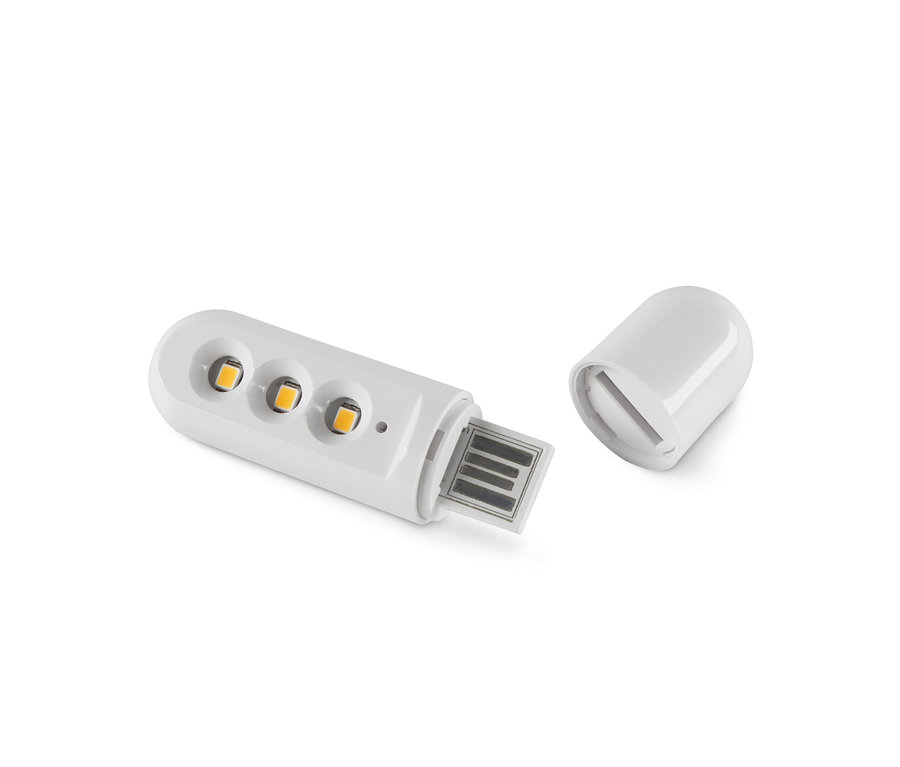 Biała lampka LED do czytania z akumulatorem i złączem USB.