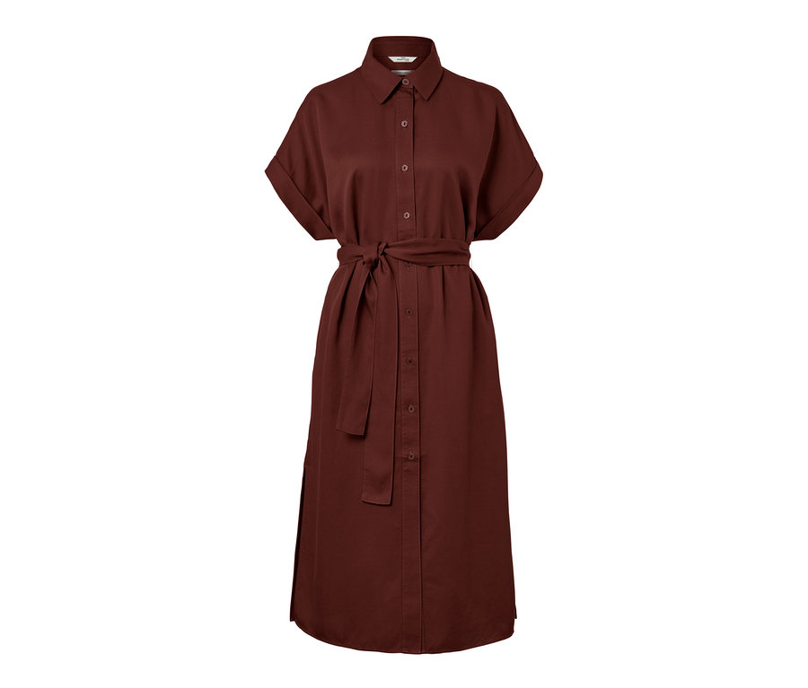 Bluzka koszulowa z domieszką lnu w kolorze terakoty, zapinana na guziki, z paskiem.