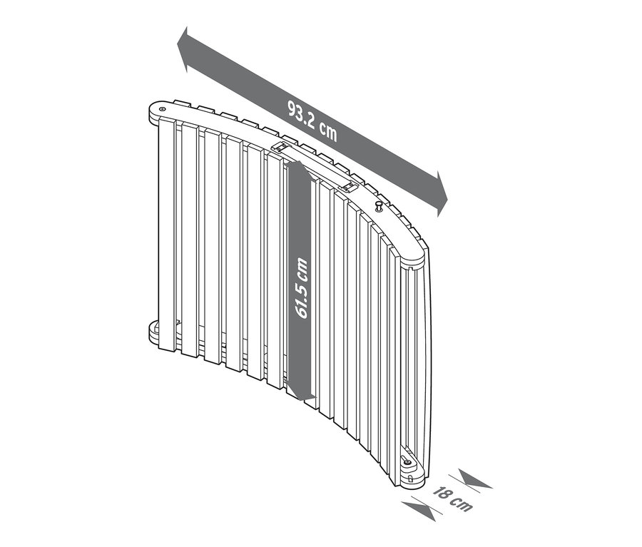 Wymiary składanego leżaka falistego »Lenja«: 93,2 cm długości, 61,5 cm wysokości, 18 cm szerokości.