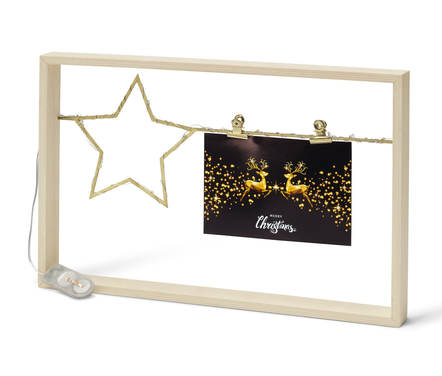 Ozdobna ramka LED ze świątecznym obrazkiem i gwiazdą.