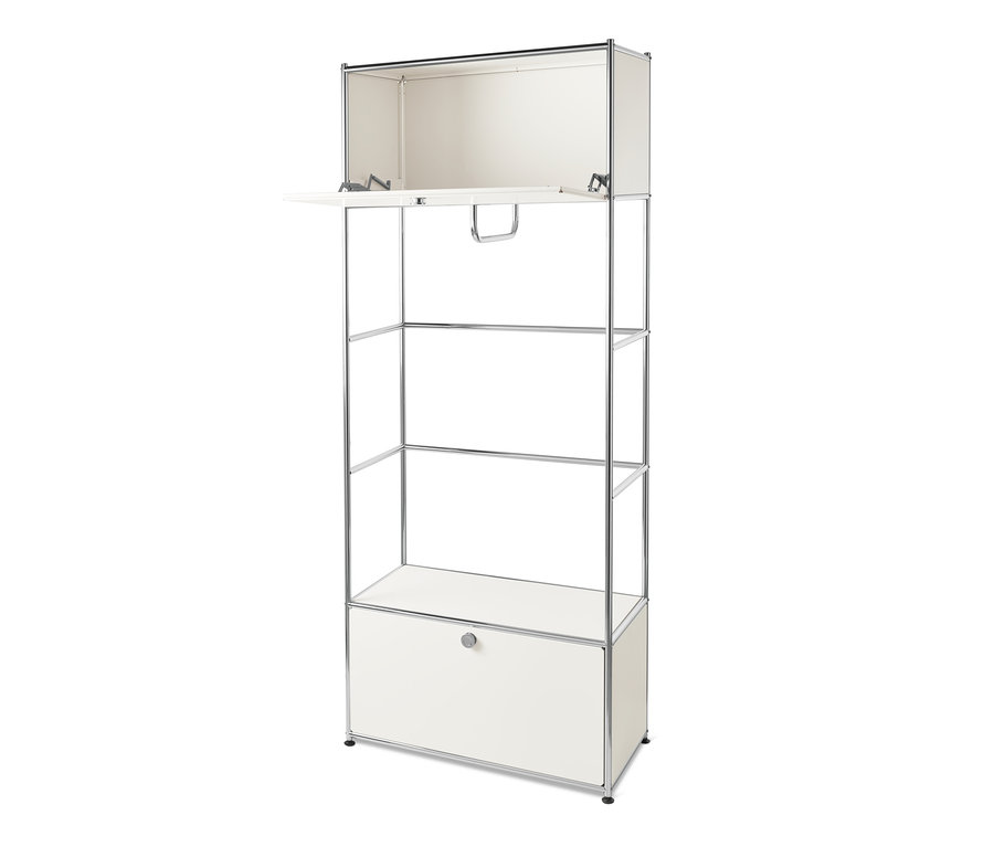 Metalowa garderoba »CN3«, biała, z otwartą szafką wiszącą i dolną szufladą.