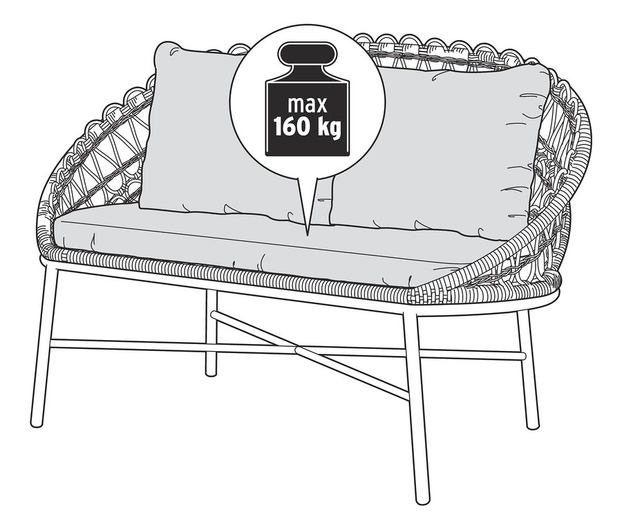 Rysunek stylowej ławki ogrodowej z plecionką polirattanową i poduszkami.