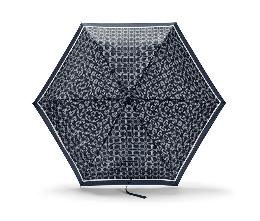 Otwarty kieszonkowy parasol automatyczny z granatowo-białym geometrycznym wzorem.