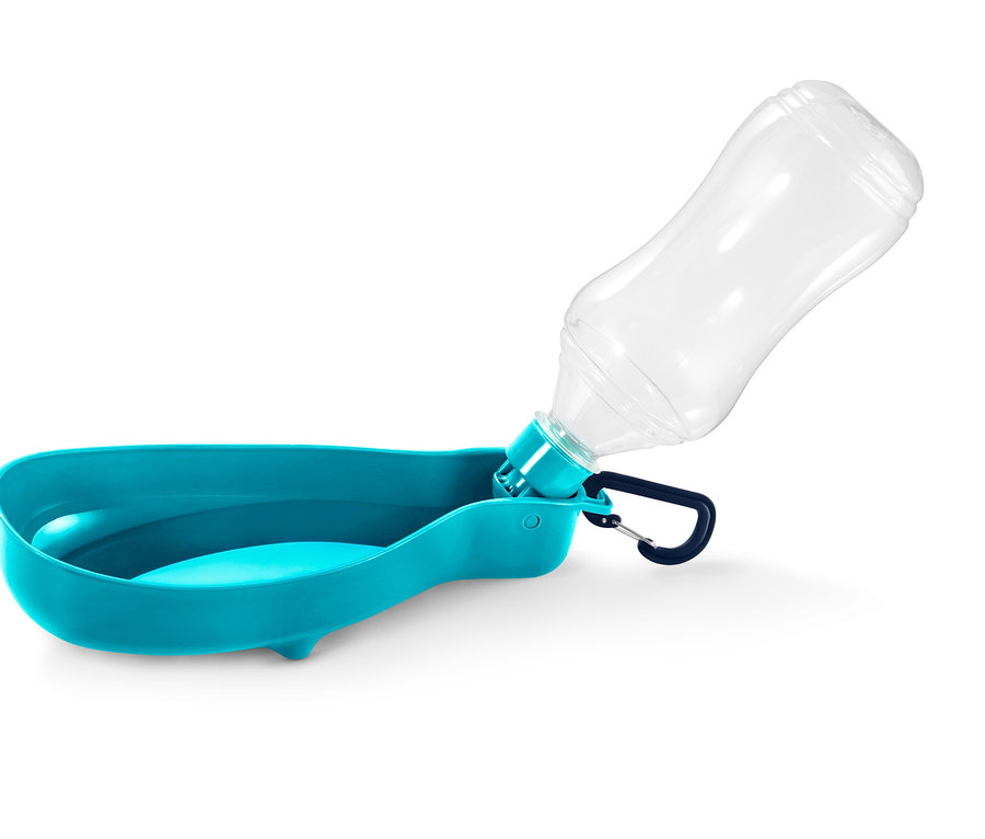 Turkusowa butelka dla psa z miską.
