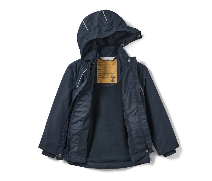 Rozpięta, granatowa przeciwdeszczowa termoaktywna kurtka dziecięca, w psy.