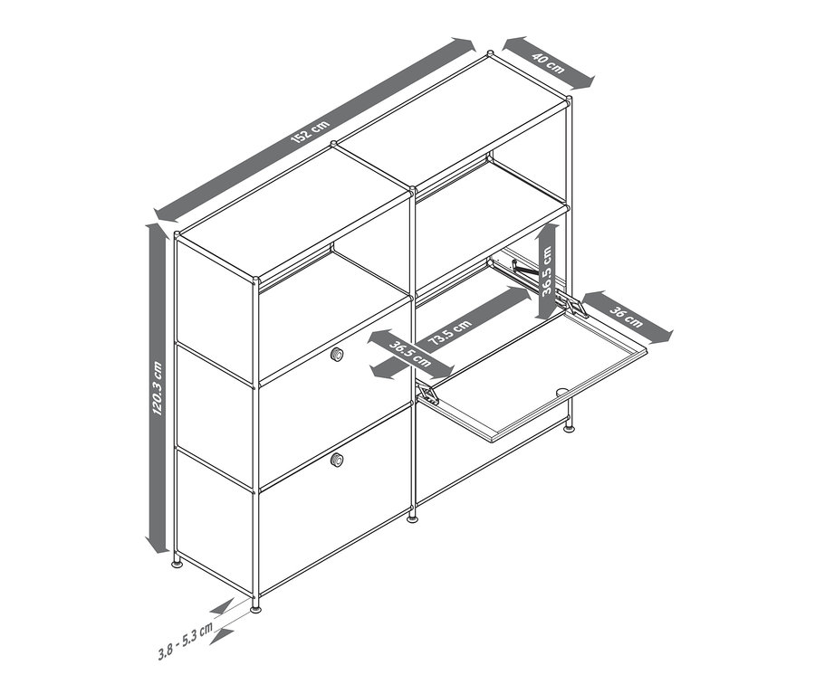 Ilustracja metalowej komody »CN3« z klapami i wymiarami.