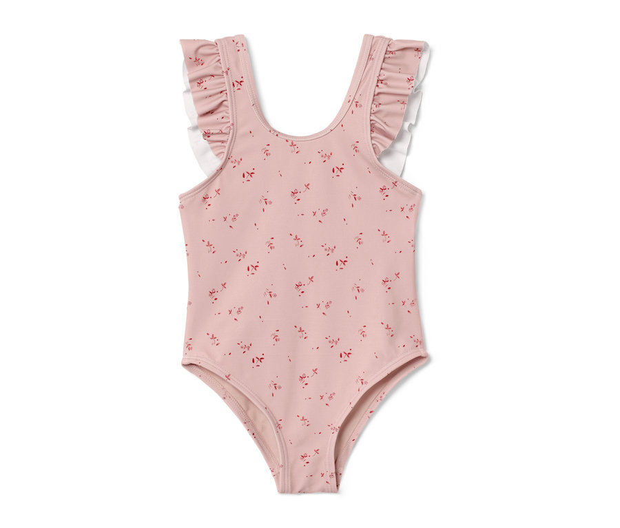 Różowy strój kąpielowy dla małych dzieci z czerwonym kwiatowym wzorem i falbankami.