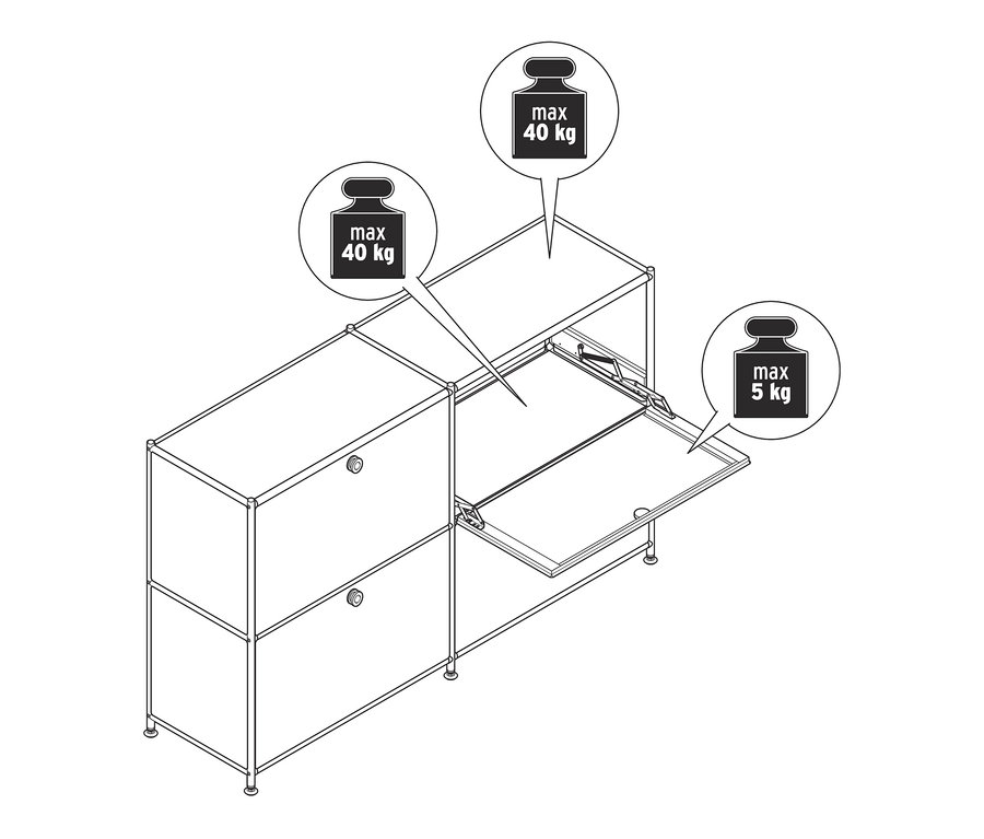 Rysunek metalowej szafki typu sideboard „CN3” z 4 klapami, z których jedna jest otwarta.