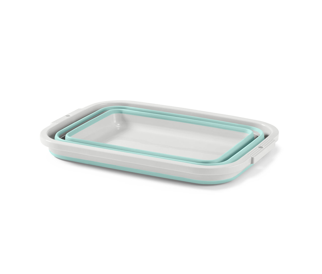 Składany kosz na pranie w kolorze białym i niebieskim.