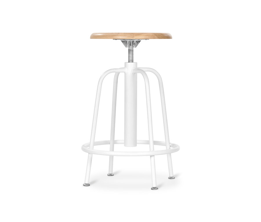 Biały stołek barowy z regulacją wysokości.