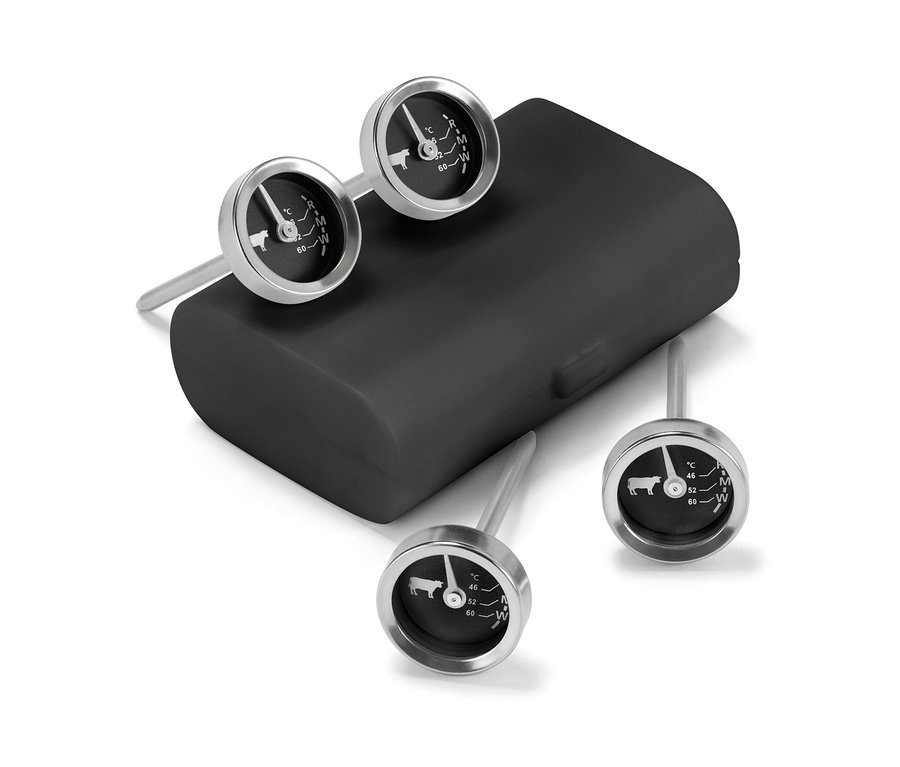 Cztery termometry do grillowania z czarnym etui.