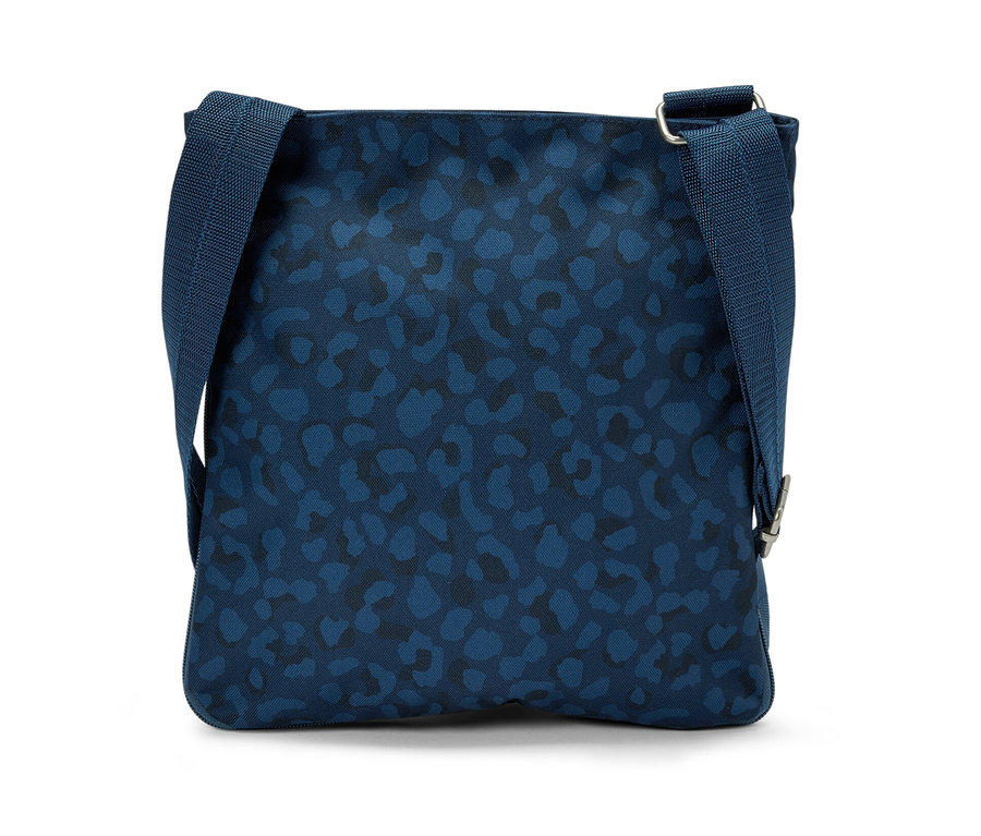 Niebieska antykradzieżowa torba na ramię z ciemnoniebieskim zwierzęcym wzorem.