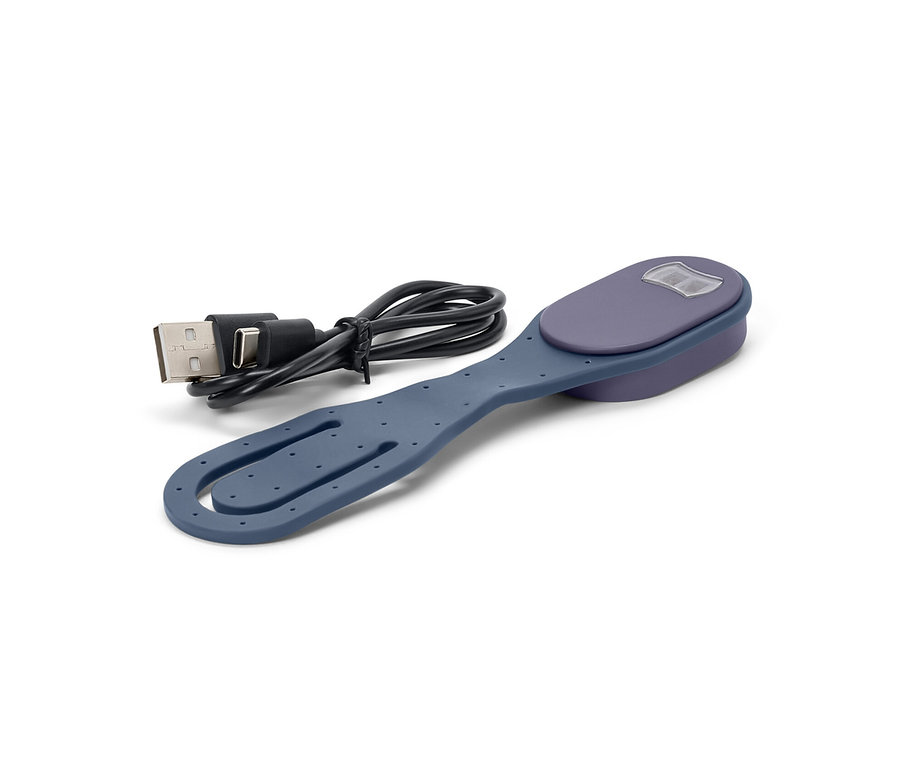 Niebieska minilampka LED do czytania z akumulatorem i kablem USB na białym tle.