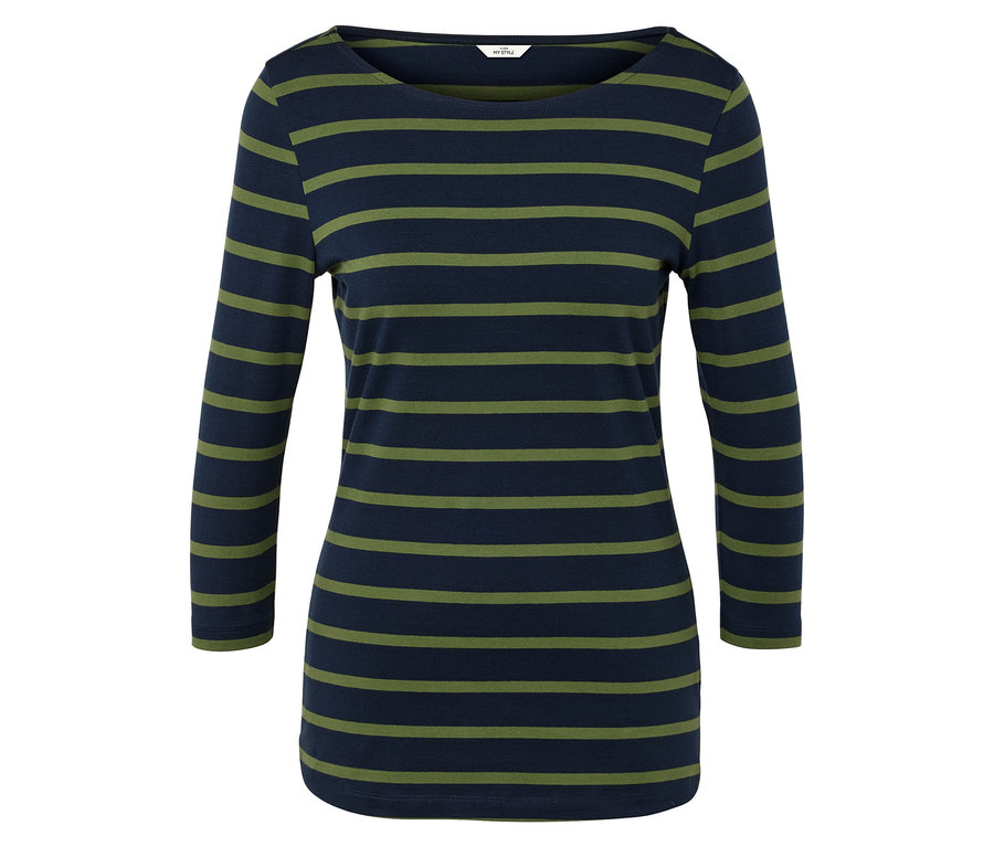 Damska koszulka z długim rękawem w niebiesko-zielone poziome paski.