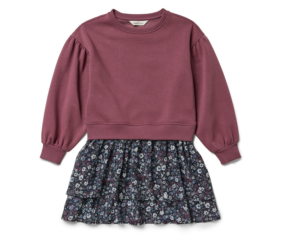 Fioletowa sukienka z długim rękawem i kwiecistą spódnicą.