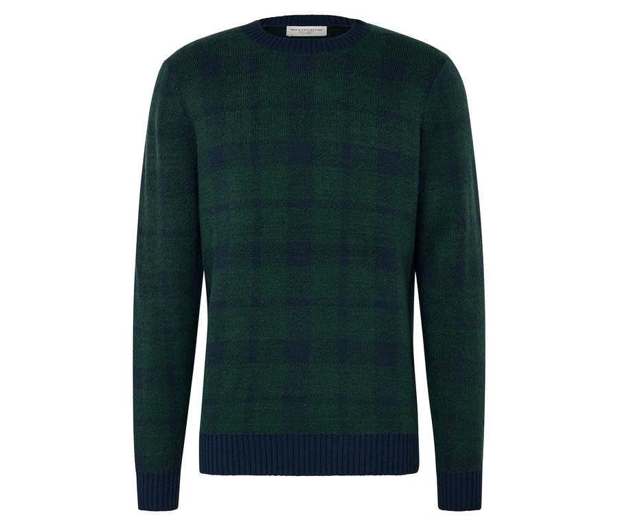 Zielony sweter z dzianiny z granatowymi detalami na dole i mankietach.