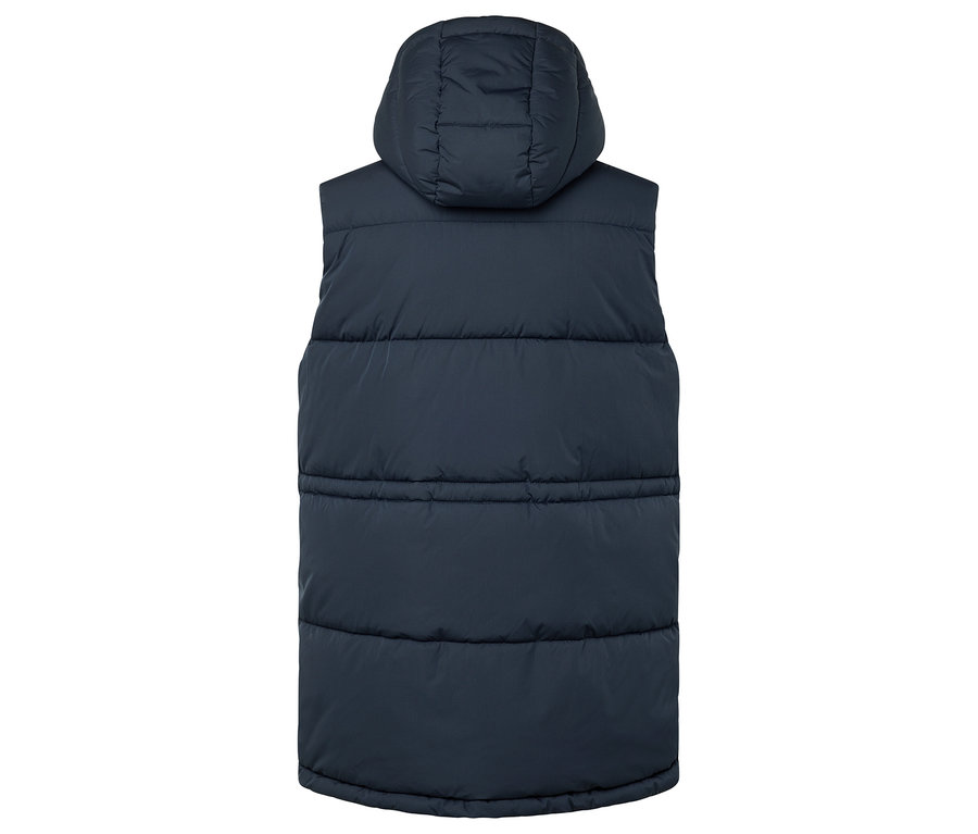 Granatowa, pikowana kamizelka z kapturem, widok z tyłu.