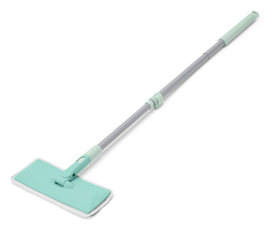 Zielony mop z teleskopowym drążkiem i białą nakładką czyszczącą.