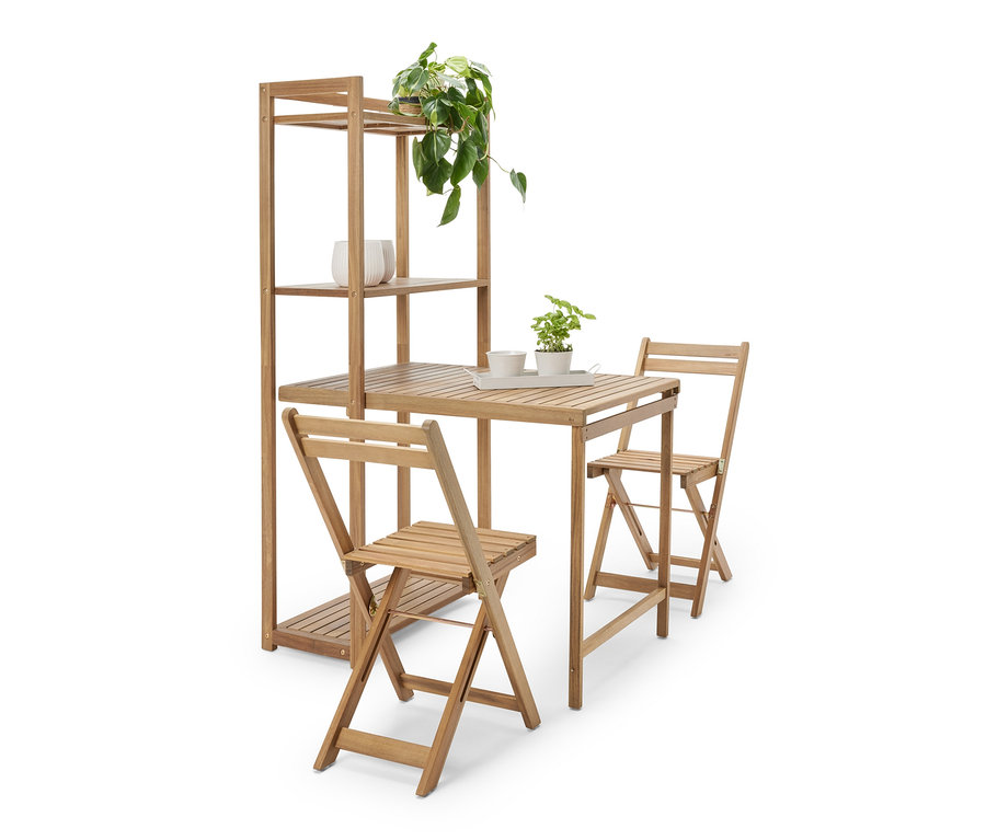 Zestaw na balkon „Lenja” z regałem z dwoma krzesłami i roślinami.