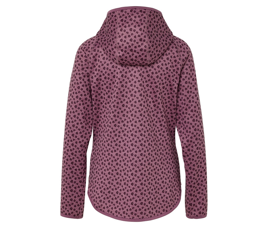 Szczegółowy widok z tyłu fioletowej bluzy z kapturem z ciemnofioletowym wzorem w kropki.
