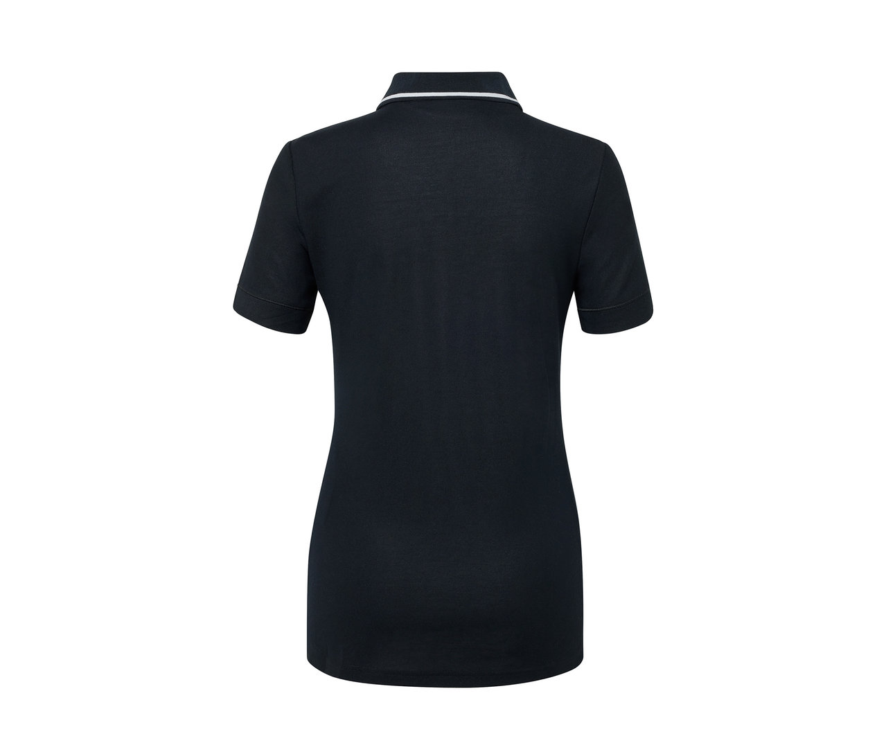 Granatowa koszulka polo z białym obszyciem kołnierzyka, widok z tyłu.