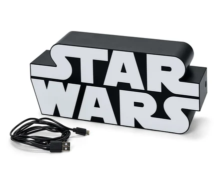 Czarno-biała lampa Star Wars z czarnym kablem na białym tle.