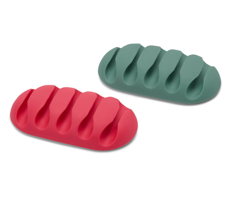 Dwa uniwersalne organizery kabli: jeden czerwony i jeden zielony.