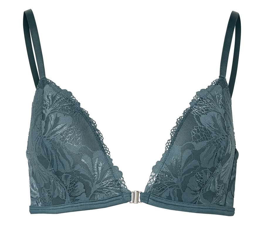 Zielony koronkowy biustonosz z fiszbinami i regulowanymi ramiączkami leży na białym tle.