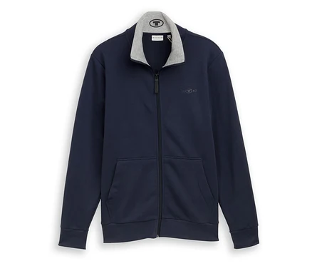 Rozpięta granatowa bluza dresowa ze stójką Tom Tailor, Sky Captain Blue, leży na białym tle.