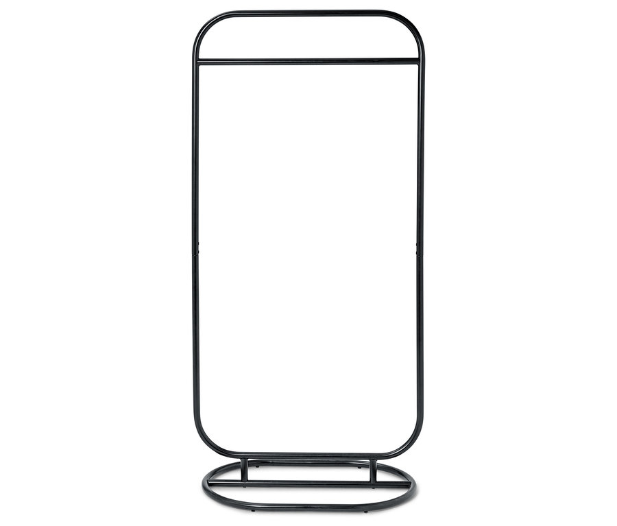 Czarny metalowy stojak na ubrania z zaokrąglonymi rogami i owalną podstawą.