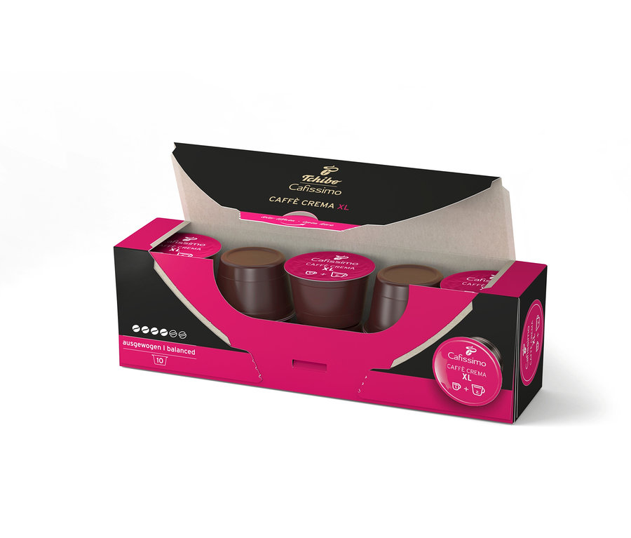 Otwarty karton kapsułek do kawy Cafissimo Caffè Crema XL.