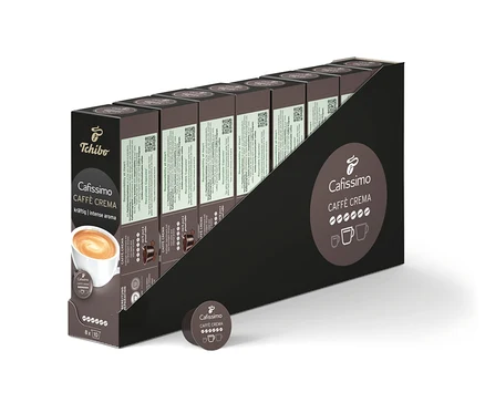 Widoczne opakowanie kapsułek Cafissimo Caffè Crema. Na opakowaniu znajduje się zdjęcie filiżanki kawy.