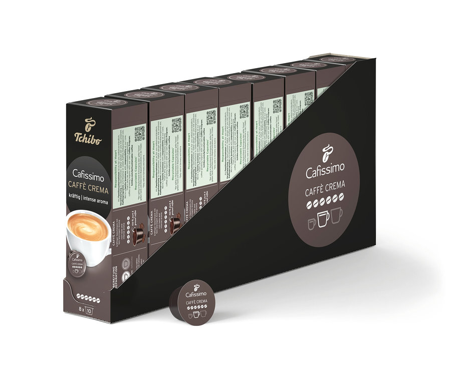Widoczne opakowanie kapsułek Cafissimo Caffè Crema. Na opakowaniu znajduje się zdjęcie filiżanki kawy.