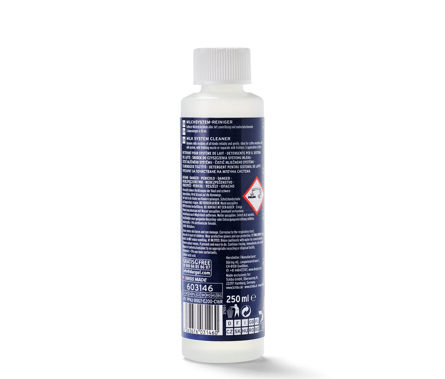 Biała butelka środka do czyszczenia układu mlecznego durgol® o pojemności 250 ml.
