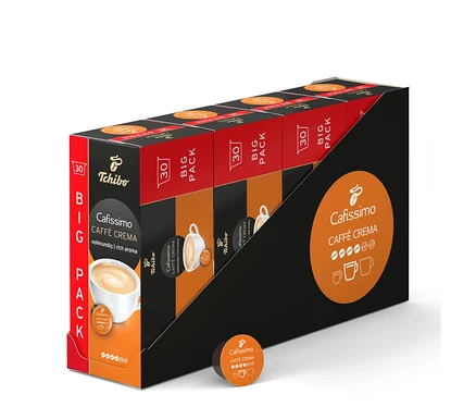 Widoczne jest opakowanie kapsułek Cafissimo Caffè Crema. Opakowanie jest czarne z pomarańczowymi elementami.