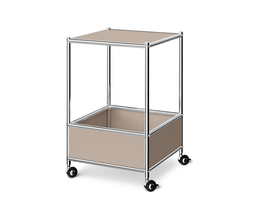 Metalowy wózek na kółkach z taupe blatem i dolną półką.