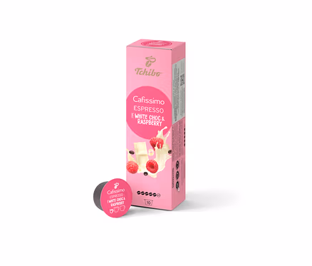 Opakowanie 10 kapsułek Cafissimo Flavoured Espresso – White Choc & Raspberry. Obok opakowania leży jedna kapsułka.