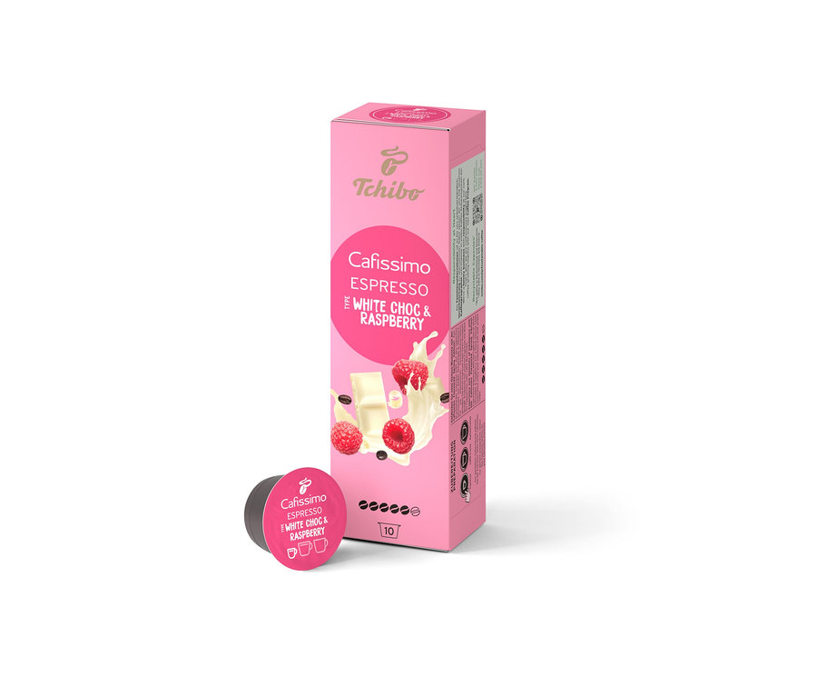 Opakowanie 10 kapsułek Cafissimo Flavoured Espresso – White Choc & Raspberry. Obok opakowania leży jedna kapsułka.