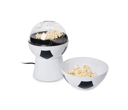 Maszyna do popcornu w kształcie piłki nożnej z miską popcornu.