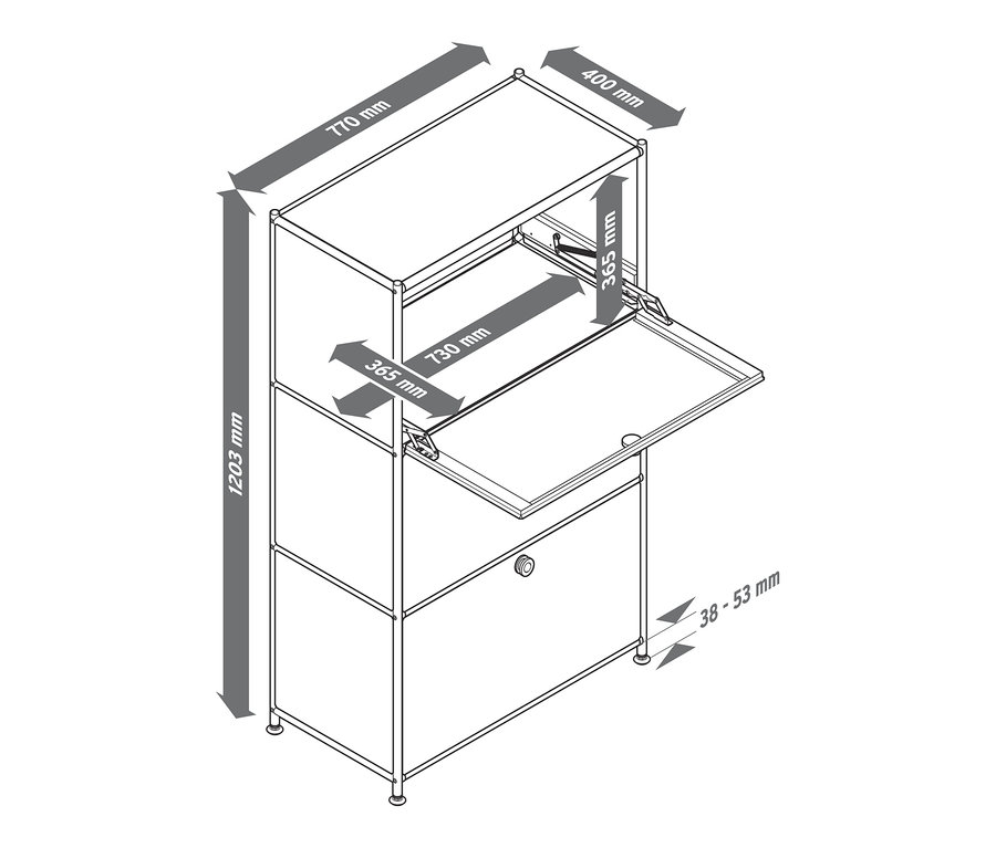 Szkic metalowej szafki z 3 przegrodami z klapą i powiązanymi wymiarami.
