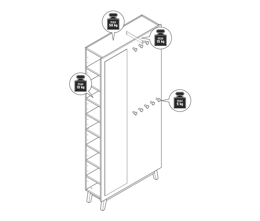 Rysunek wielofunkcyjnej szafy do przedpokoju z otwartą półką po lewej stronie i lustrem na drzwiach.