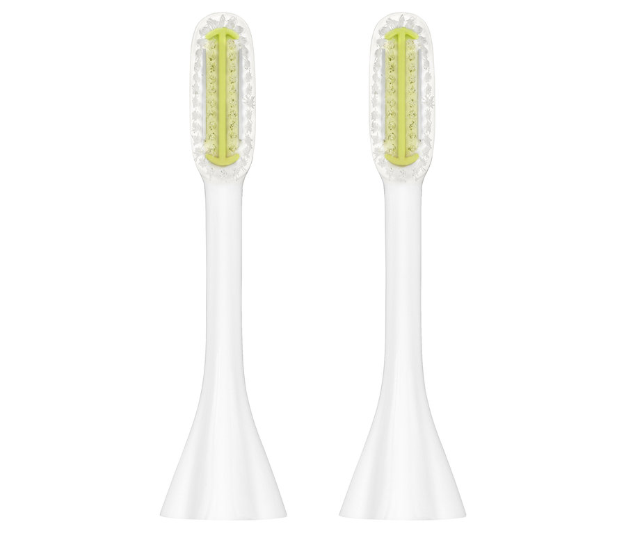 Dwie białe główki elektrycznej szczoteczki do zębów Silk'n® »ToothWave©«.